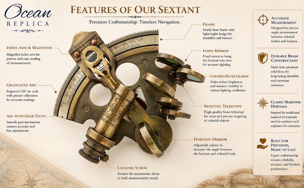 Nautical Bronze Sextant – Solid Brass Maritime Astrolabe | Vintage Ship Navigation Instrument