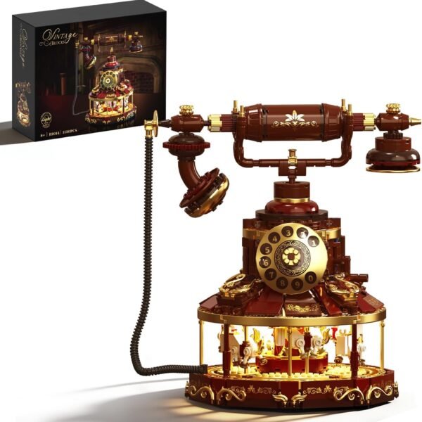 Vintage Telephone Building Blocks Set for Adults, Compatible with LEGO Retro with Rotating Carousel Turntable, Creative Desk Decor & Gift
