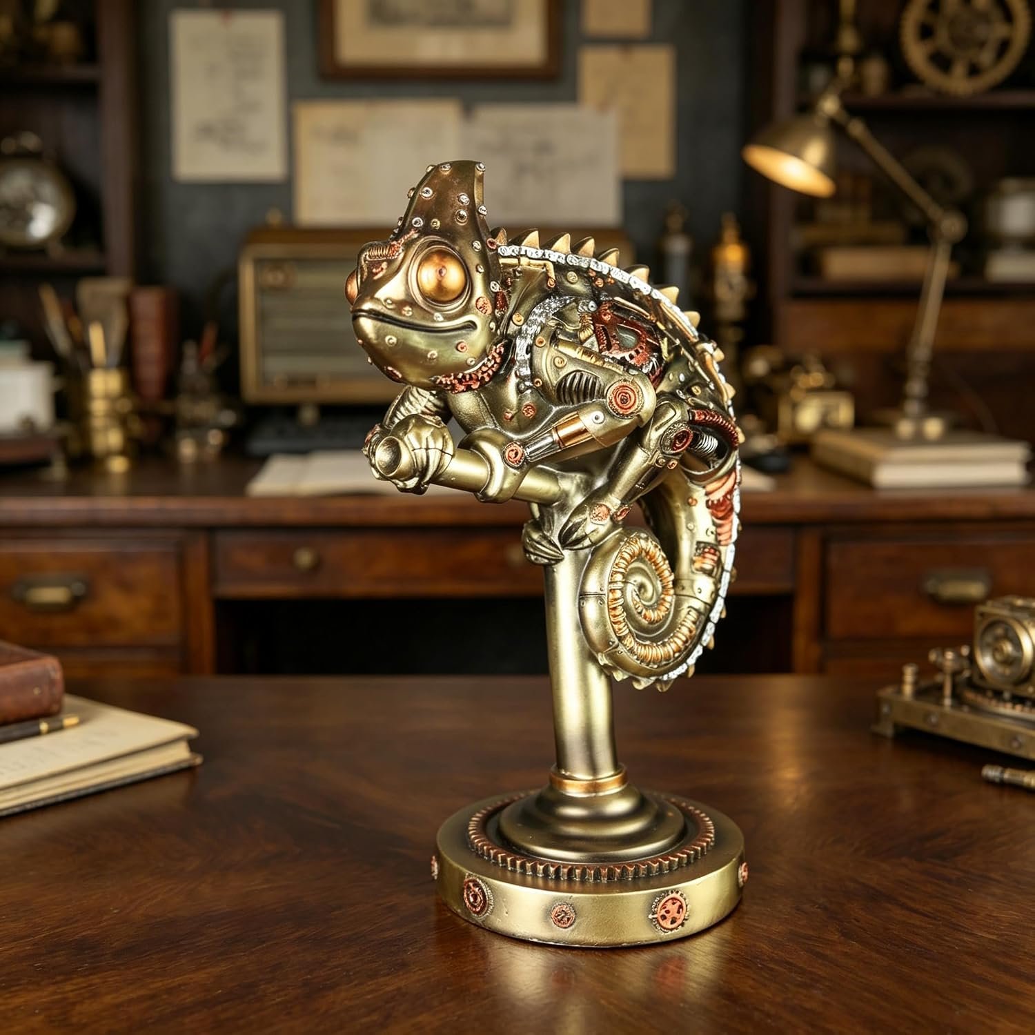 GENUINQ 12''H Steampunk Lizard Chameleon Statue Cyborg Sci-fi Sculpture - Image 6